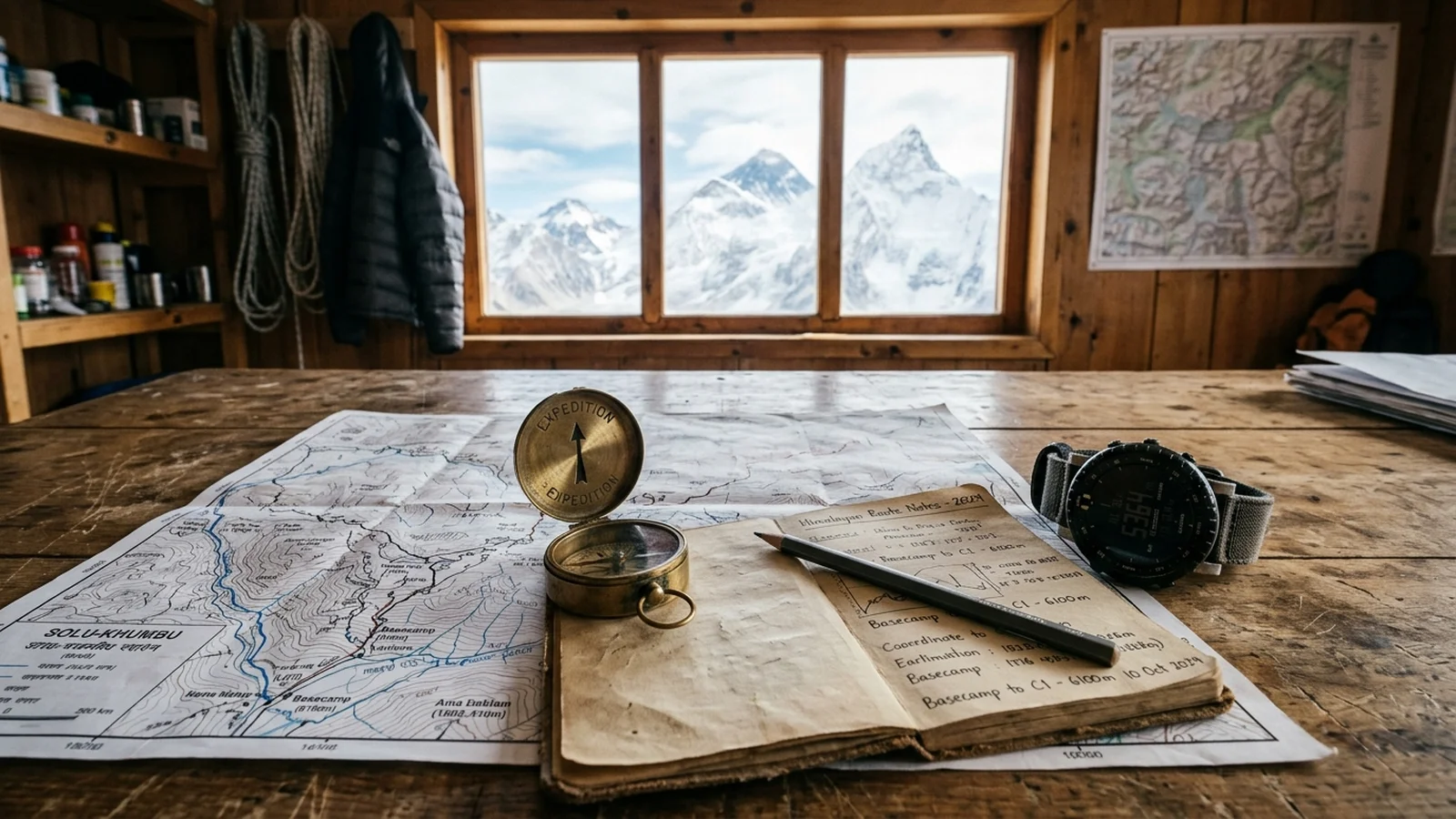 Expedition planning desk with Himalayan route maps, compass, and mountain view