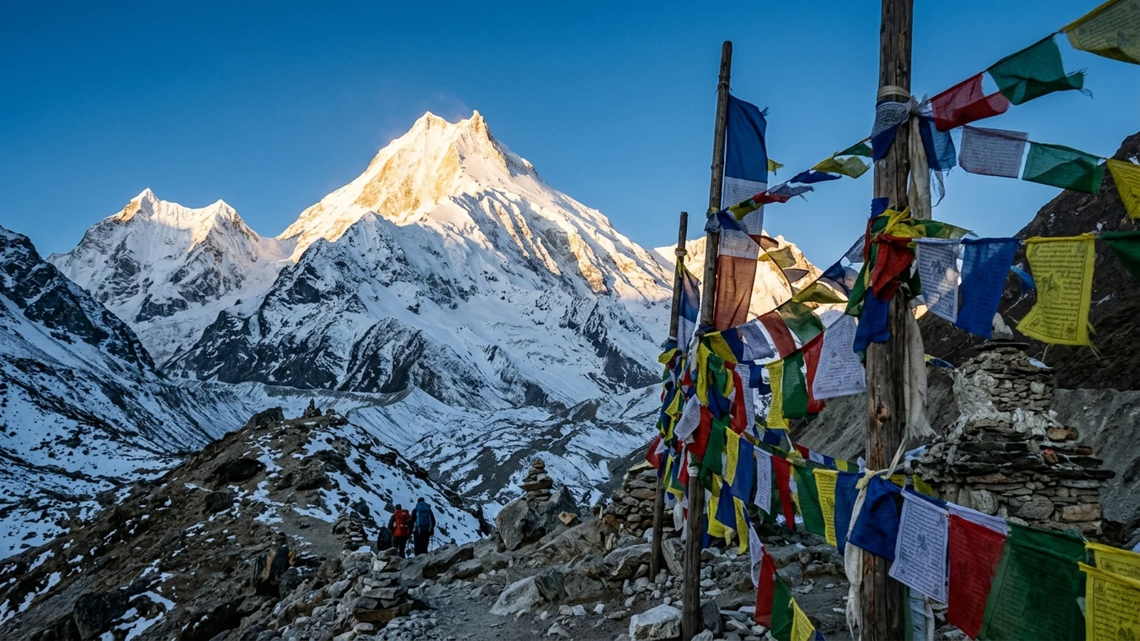 Prayer flags with snow peaks at Larkya La on the Manaslu Circuit, Nepal